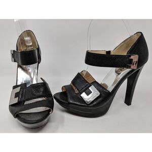 MICHAEL KORS BLACK LEATHER SNAP PEEP TOE ANKLE STRAP PLATFORM HIGH HEELS 8 M